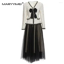 Work Dresses MARYYIMEI Fashion Runway Autumn Skirts Set Women's Long Sleeve Bow Beading Jacket Coat Polka Dot Mesh 2 Pieces Suit