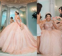 2022 Sexy Bling Rose Gold Blush Pink Sequined Lace Quinceanera Dresses High Neck Crystal Beading Off Shoulder Ball Gown Vestidos D9763148