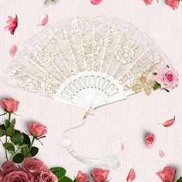 Decorative Figurines Victorian Female Lace Hand Fan Lolita Gothic Rose Folding Fans Vintage Black White Red Fabric For Cosplay Party