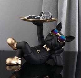 Nordic Resin Bulldog Crafts Dog Butler with Tray for keys Holder Storage Jewelries Animal Room Home decor Statue Sculpture 2201108022426