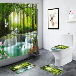 Shower Curtains Forest Waterfall Curtain Green Plant Trees Flowers Animals Spring Scenery Bathroom Decor Carpet Non-slip Rug Bath Mat Set