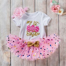 New Easter Cartoon Sweetheart Dotted Tutu Skirt Set for Baby Girls