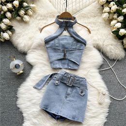 Sexy Women Summer Denim Jeans Halter Tops Mini Skirt Outfits Suits Backless Sashes Chic Style Bodycon High Waist Vestidos 240415