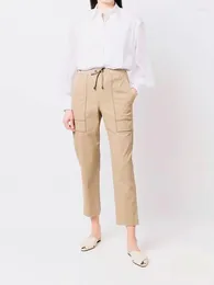 Women's Pants Women Casual Cargo Beading Chain Elastic Waist Drawstring 2024 Spring Summer Female Khaki Ankle-Length Trousers