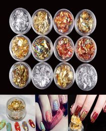 12 PotSet Nail Art Gold Silver Paillette Flake Chip Foil Kit Acrylic Gel Polish Tips 3D DIY Design Image Transfer Sticker Decal7107731