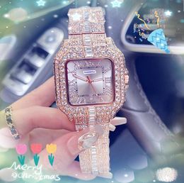 Luxury good nice looking quartz watches men shiny starry diamonds ring bezel stainless steel belt President fashion gold bracelet square roman tank dial watch gift