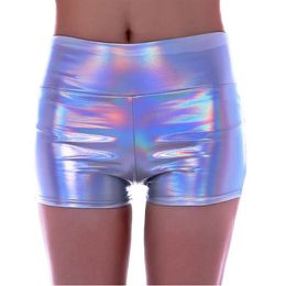 Sexy Fashion Holographic Shorts Women Slim Skinny Summer Pants Metallic Colour Bodycon Clubwear Rave Party Leggings 240415