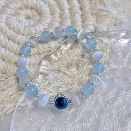 Instagram Korean Style White Cat Eye Stone Single Loop Women's Sugar Heart Agate Blue Jade Chalcedony Bracelet Jewelry