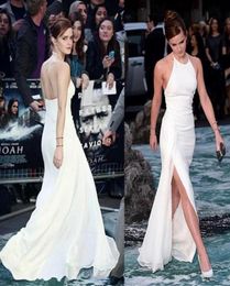 2020 New Elegant Emma Watson Celebrity Dresses Halter Neck Backless White Chiffon Sidesplit FloorLength Elegant Evening Prom Dre7914481