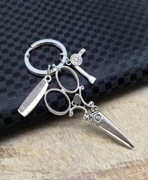 Hair stylist popular scissors comb hair dryer haircut washing blow KeychainTibetan silver charm pendant key chain ring DIY Fit Ke5030677