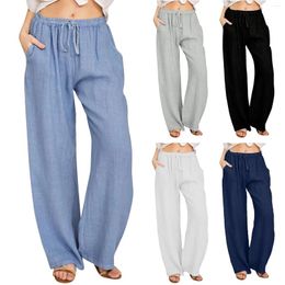 Women's Pants Summer Solid Colour Cotton Linen Elastic Waist Straight Leg Casual For Women Loose Drawstring Pockets Palazzo Trouser