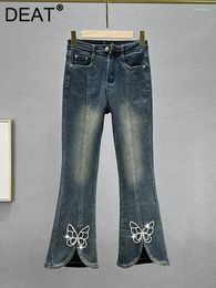 Women's Jeans High Waist Split Butterfly Diamond Stretch Denim Ankle-Length Flare Pants 2024 Autumn Fashion 29L3653