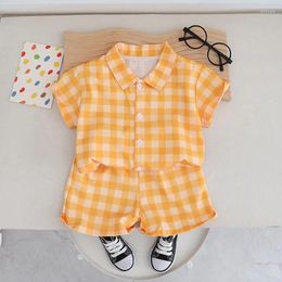 Clothing Sets 2024 Boutique Baby Boy Summer Clothes For Kids Boys 2 To 3 Years Plaid Turn-down Collar Short Sleeve Shirts And Shorts Suit