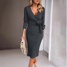 Casual Dresses Office Lady Work Dress Knitted Female Slim Fit V Neck Wrap Hip Mermaid Knitting Sexy Bodycon Midi Sweaters