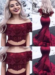 2019 chic burgundy two piece prom dresses sexy bateau neck lace wine red sweep train formal evening party gowns wear7913421