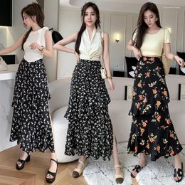 Skirts Girls Fashion Splice Chiffon Floral Women Colthing Ladies Summer Casual Split Hem Flounce Skirt Female Outerwear Clothes