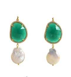 Dangle Chandelier Jewelry Cultured White Keshi Pearl Green Crystal Cz Pace Hook EarringsDangle6783792