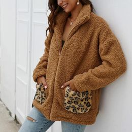 Women's Jackets Winter Zipper Faux Fur Sheepskin Coat Warm Soft Plush Leopard Print Fashion Pocket Korean