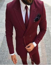 2018 Custom Made Men Suits Burgundy Wine Red Double Breasted Blazer Groom Tuxedo Wedding Suits Business Slim Fit Fashion Handsome 3160020