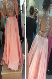 Two Pieces Dresses Blush Pink Prom Dress Colorful Crystals Crop Top with Cut Out Open Back High Neck Halter Cheap5501312