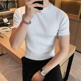 Men's T-Shirts Tops 2024 South Korean New Mens Solid Pit Stripe Knitted T-shirt Mens Solid Elastic Short Sleeve Camiseta S-5XL yq240415