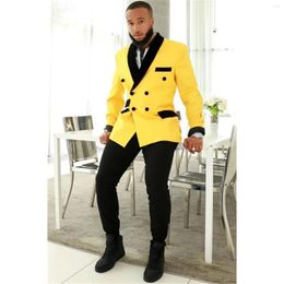 Men's Suits Yellow And Black For Men Double Breasted Shawl Lapel Fashion Terno Party 2 Piece(Jacket Pants) Luxury Costume Homme