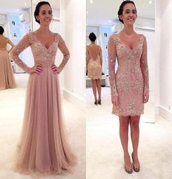 Pearl Pink Two Pieces V Neck Sheath Prom Dresses Appliques Sequins Short Mini Detachable Skirt Fashion Cocktail Evening Gowns BA151049415