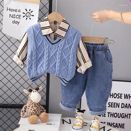 Clothing Sets 2024 Spring Autumn Children Fashion Clothes Kids Boys Girls Strips V-neck Vest Shirt Pants 3Pcs/sets Infant Tracksuit