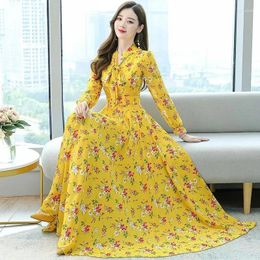 Casual Dresses Women Chiffon Dress Yellow Floral 2024 Spring Long Sleeve Beach Clothes Red Elegant Fashion Maxi For Evening Prom