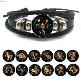 Other Bracelets 12 Zodiac Signs Leather Bracelet for Men Women Virgo Libra Scorpio Aries Taurus Braided Rope Bracelets Birthday Gift WholesaleL240415