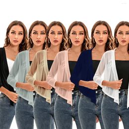 Tie Front 3/4 Sleeve Solid Colour Cardigan Cover Up Stretchy Cropped Lightweight Elegant Shawl Beach Coverup Women's S