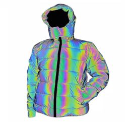 Colorful Rainbow Reflective Winter Jacket Women Windbreaker Reflecting Glow Hooded Parka Young Men Warm Padded Coat94308599991585