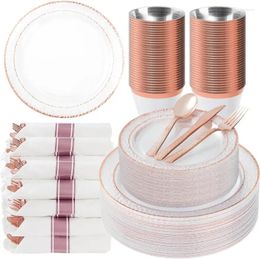 Disposable Dinnerware 350PCS Clear Plastic Plates With Rose Gold Trim For 50 Guests Set Party Includes 100