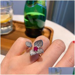 Cluster Rings Leaves Flower Pink Crystal Cubic Zirconia Adjustable Opening Accessories Engagement For Women Jewelry Gift Drop Delivery Dht42