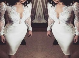 2021 New Lace Wedding Dresses Deep V Neck Long Sleeves Knee Leghth Satin Bridal Gowns Wedding Reception Dress Cheap 7056397