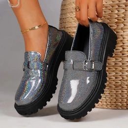 Casual Shoes 2024 Spring Fashion Laser Loafers For Women Platform Metal Buckle Flat Woman Round Toe Slip On Zapatas Mujer