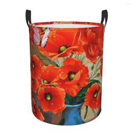 Laundry Bags Folding Basket Poppies Vase Art Round Storage Bin Large Hamper Collapsible Clothes Toy Bucket Organiser