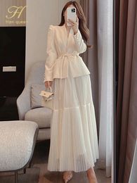 H Han Queen Autumn Skirt Suit Women Elegant Korean Lace-Up Fashion Blazer Long Mesh Skirt Casual Evening Party 2-Piece Set 240403