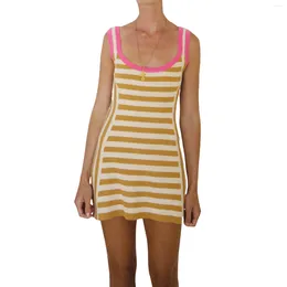 Party Dresses 2024 Fashion Women's Striped U-neck Ribbed Knit Dress Summer Sleeveless Casual Yellow White Slim Sexy Backless Mini