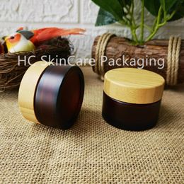 Storage Bottles Wholesale Skin Care Amber Face Cream Jar With Bamboo Lid For Cosmetics Eye Body Glass Containers Packaging