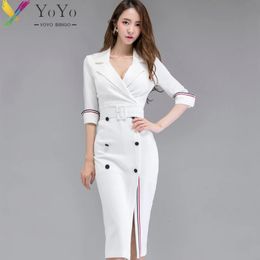 Autumn Winter Formal Dress Elegant White Half Sleeve Slim Office Lady Work 240415