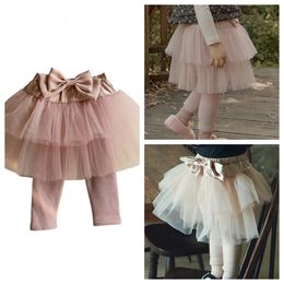 2024 Korean Kids Girls Skirt Pants Toddler Baby Girls Fleece Leggings with Bow Puffy Mesh Skirt 240403