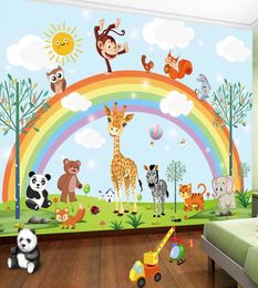 Dropship 3D Hand Painted Cartoon Rainbow Animal Kindergarten Baby Room Bedroom Wardrobe Wallpaper Wall Mural Sticker Home3832582