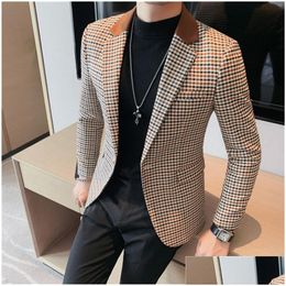 Men'S Suits & Blazers Mens High Quality Suit British Style Slim Elegant Fashion Business Casual Dress Tuxedo Spliced Collar Plover Ca Dh0Co