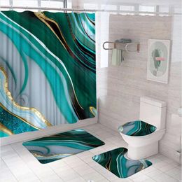 Shower Curtains 4Pcs Green Gold Marble Bathroom Curtain Set Non-Slip Flannel Rug Bath Mat Toilet Lid Cover Bathtub Accessories Decor Home