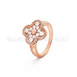 Designer High Edition Four Leaf Grass Ring with Diamond Full Rose Gold Platinum Light Luxury Design by Van Gogh 13N3