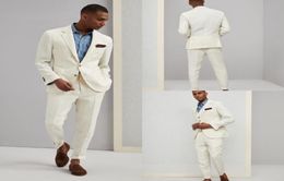 Ivory White Pinstripe Groom Tuxedos Mens Wedding Peaked Lapel Pants Suits Men Jacket Blazer PromDinner 2 Pieces JacketPant8993539