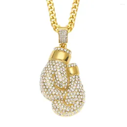 Pendant Necklaces Hip Hop Bling Iced Out Rhinestone Gold Colour Stainless Steel Boxing Gloves Necklace For Men Jewellery With 28" Cuban Chain