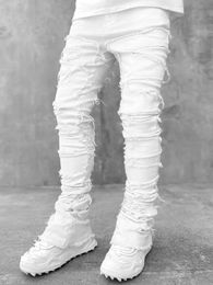 High Street White Mens Stacked Jeans Stretched Patchwork Tassel Damaged Denim Full Length Pants Hip-pop Trousers For Male 240415