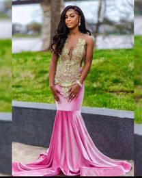 Pink Velvet Golden Rhinestones Mermaid Prom Dresses 2024 For Black Girls Luxury Special Occasion Africa Wed robe de gala